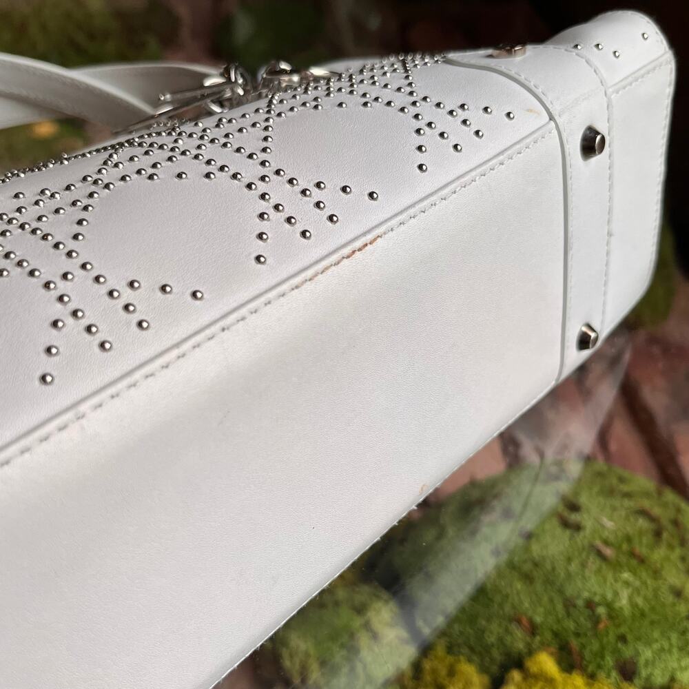 DIOR Lady Dior East West White Calfskin Leather Studded Tote Bag - Picture 9 of 16